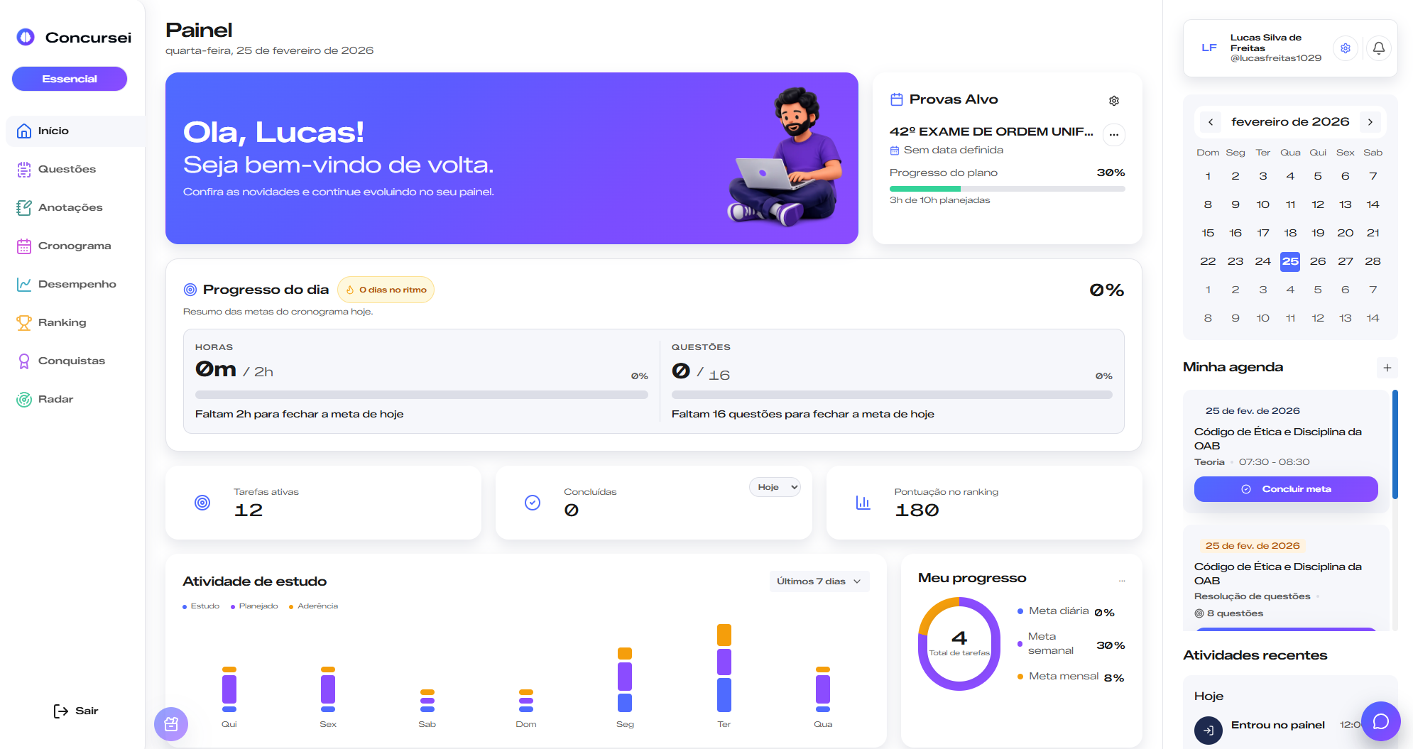 Tela de painel e progresso no sistema