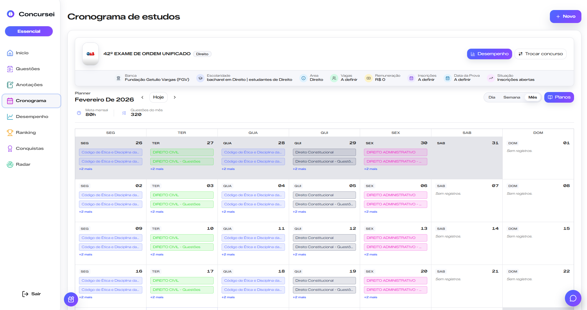 Tela de cronograma de estudos no sistema