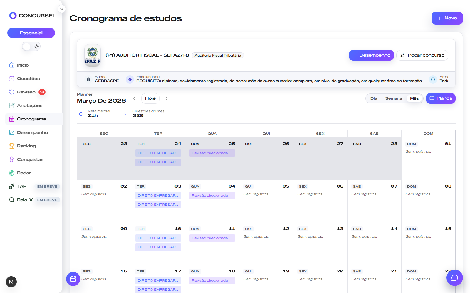 Interface de cronograma de estudos semanal