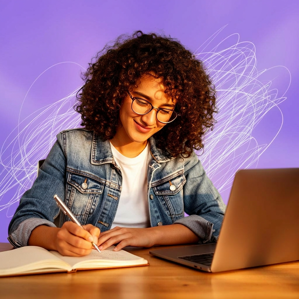 Estudante focada escrevendo e estudando com laptop